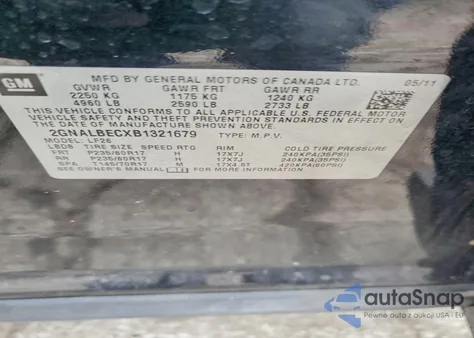 2011 Chevrolet Equinox Ls из США, поврежденный, VIN 2GNALBECXB1321679